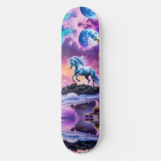 White Unicorn Fantasy Tropical Beach Skateboard (Vorderseite)