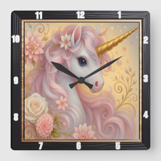 White Unicorn Floral Dreamy Quadratische Wanduhr (Vorderseite)