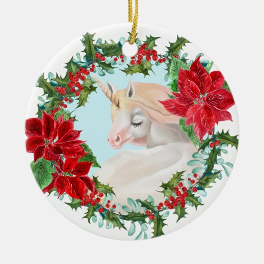 White Unicorn Poinsettia Holly Wreath Keramik Ornament (Vorne)