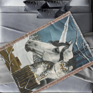 White Unicorn Tabby Cat Fantasy Decke