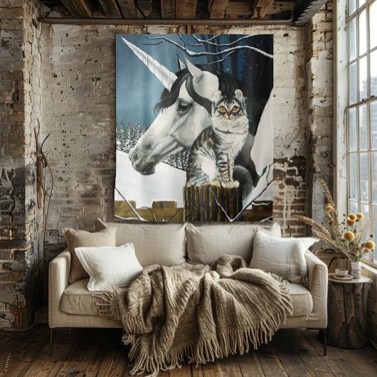 White Unicorn Tabby Cat Fantasy Wandteppich