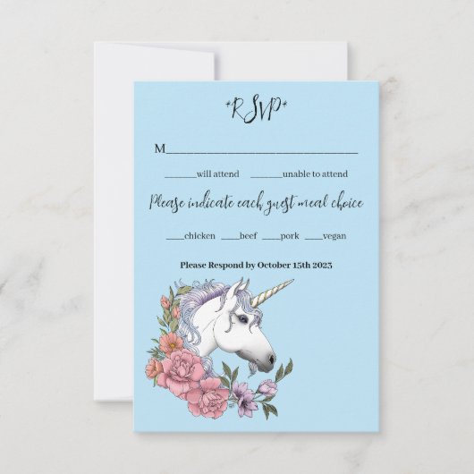White Unicorn Wedding RSVP Karte (Vorderseite)