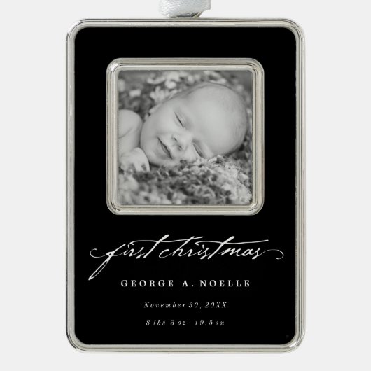 White Vintag Handwriting Baby 1. Foto Weihnachten Rahmen-Ornament Silber (Vorderseite)