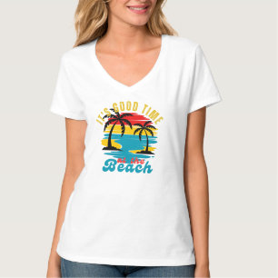 White Vintag Sunrise Sunset Nature Beach V-Neck T-Shirt