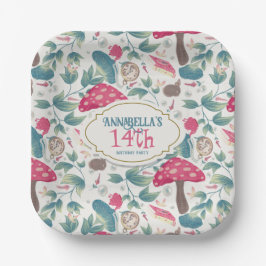 White Vintage Cottagecore Mushroom Birthday Pappteller