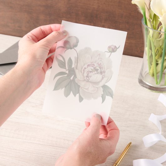 White Vintage  Peony Green Leaves Overlay Pergament Einladungen (Handgehalten)