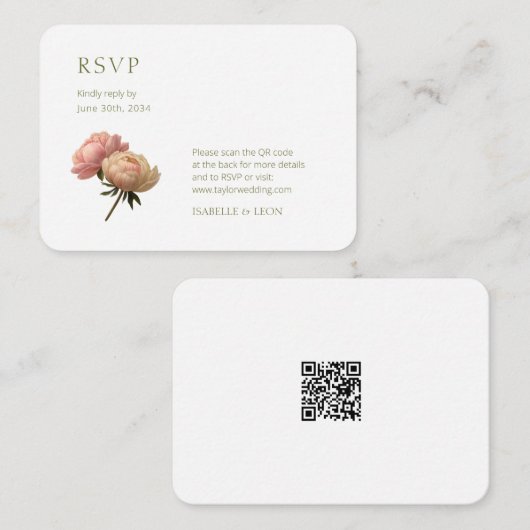 White | Vintage Rose QR Code Wedding Begleitkarte (Vorne/Hinten)