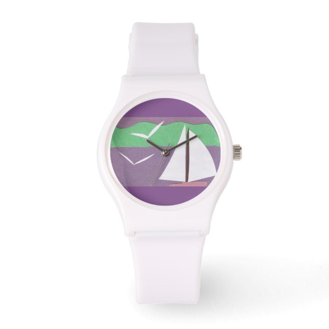 White Watch mit Sailboat Design Armbanduhr (Vorderseite)