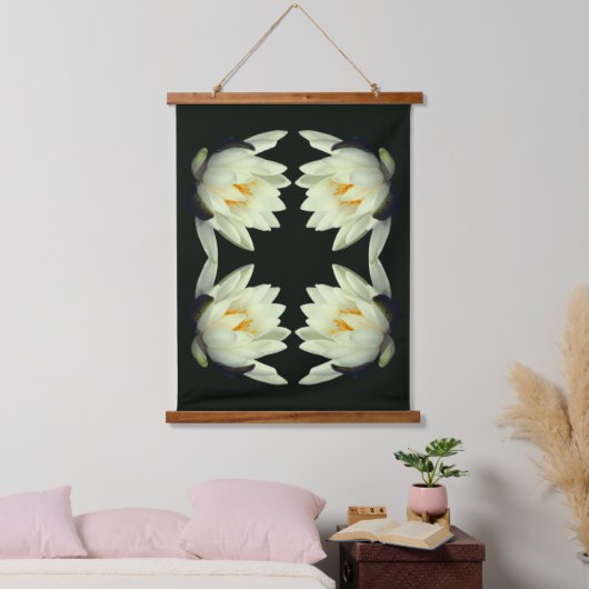 White Water Lily Lotus Flower Abstract Wandteppich Mit Holzrahmen (Schlafzimmer)