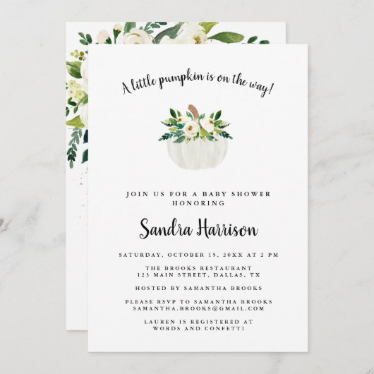 White Watercolor Floral Pumpkin Baby Dusche Einladung (Vorne/Hinten)