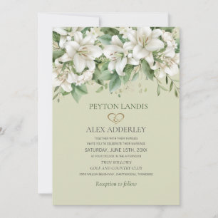 White Watercolor Lilies Greenerity Gold Wedding Einladung