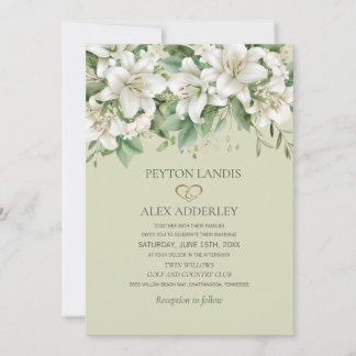 White Watercolor Lilies Greenerity Gold Wedding Einladung