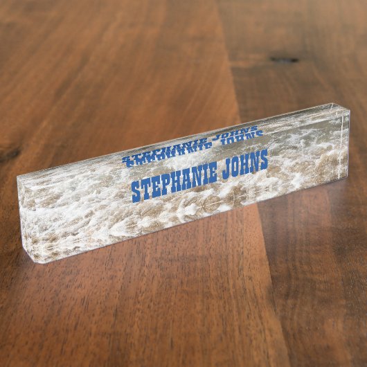 White Waves Monogram Blue Individuelle Name Namensplakette (Seite)