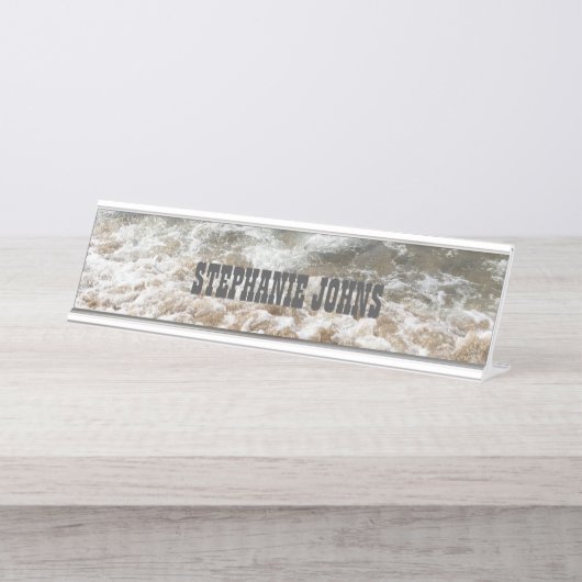 White Waves Monogram Grey Individuelle Name Schreibtischnamensplakette (Vorderseite )