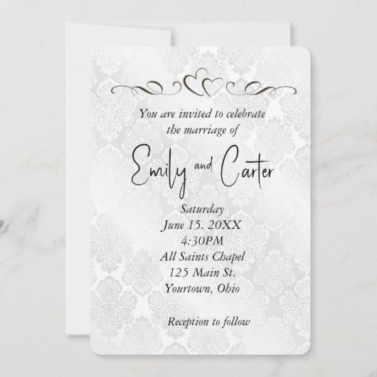 White Wedding Damask mit Herz Einladung (Vorderseite)