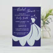 White Wedding Dress on Navy Blue Brautparty Einladung (Stehend Vorderseite)