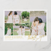 White Wedding Foto Collage Gold Script Vielen Dank Folieneinladung (Vorderseite)