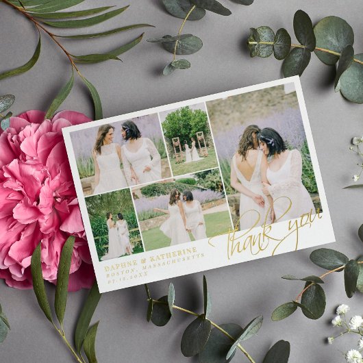 White Wedding Foto Collage Gold Script Vielen Dank Folieneinladung