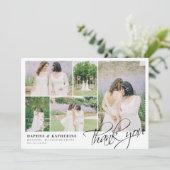 White Wedding Foto Collage Script Vielen Dank Dankeskarte (Stehend Vorderseite)