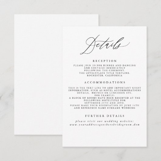 White Wedding Information Enclosure Card Begleitkarte (Vorne/Hinten)