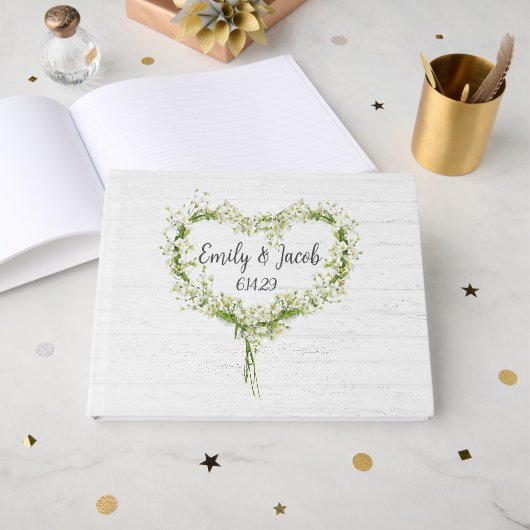 White Wedding Lily Herz auf Holz Gästebuch (Vorderseite Offen)