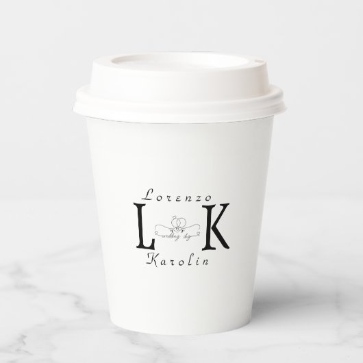 White Wedding Monogram Einfache Elegante Minimalis Pappbecher (Vorderseite)