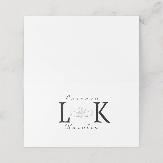 White Wedding Monogram Einfache Elegante Minimalis Platzkarte (Außenseite Aufgefaltet)