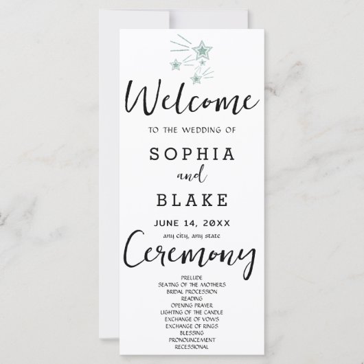 White Wedding Program für grüne Shooting Stars (Vorderseite)