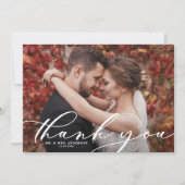 White Whimsical Script Overlay Wedding Foto Dankeskarte (Vorderseite)