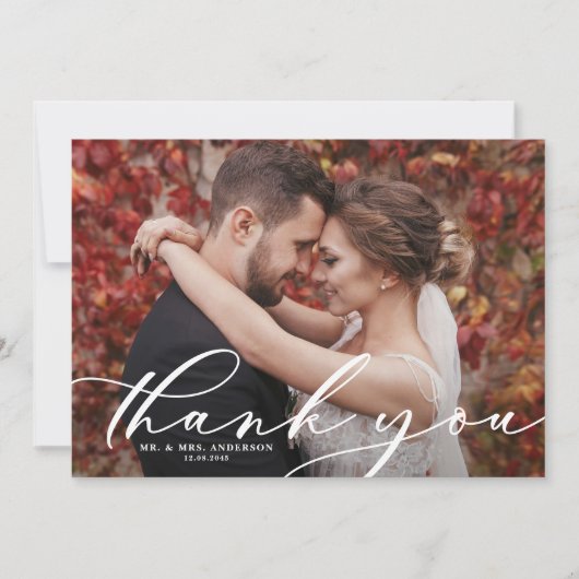White Whimsical Script Overlay Wedding Foto Dankeskarte (Vorderseite)
