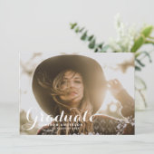 White Whimsisical Script Overlay Foto Abschluss Einladung (Stehend Vorderseite)