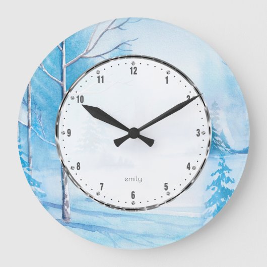 White Whiter Landscape Wasserfarben Illustration Große Wanduhr (Vorderseite)