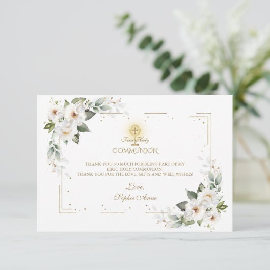 White Wild Rose Gold Erste Heilige Kommune Dankeskarte (Stehend Vorderseite)