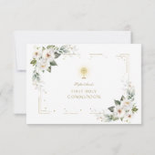 White Wild Rose Gold Erste Heilige Kommune Dankeskarte (Rückseite)