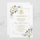 White Wild Rose Gold Glitzer Erste Heilige Kommune Einladung (Vorne/Hinten)