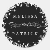 White Wildblume Wreath Silhouette Hochzeit Schwarz Runder Aufkleber (Vorderseite)