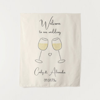 White Wine Glass Wedding Welcome Wandteppich