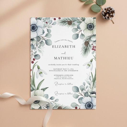 White Winter Botanical Romance Wedding Einladung