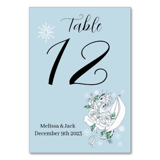 White Winter Dragon Snowflakes Blue Tischnummer (Rückseite)
