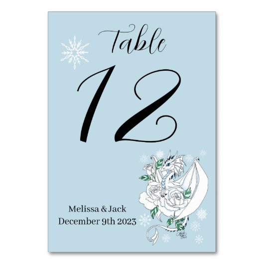 White Winter Dragon Snowflakes Blue Tischnummer (Vorderseite)