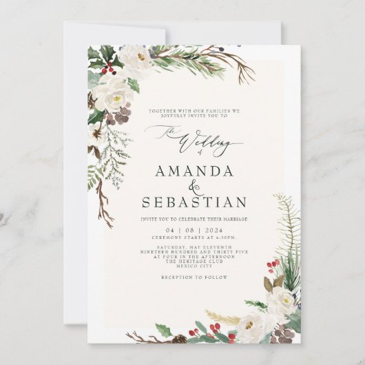 White Winter Floral Berries Pine Cone Hochzeit Einladung (Vorderseite)