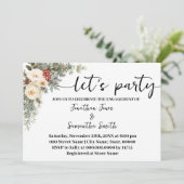 White Winter Floral Let's Party Engagement Einladung (Stehend Vorderseite)