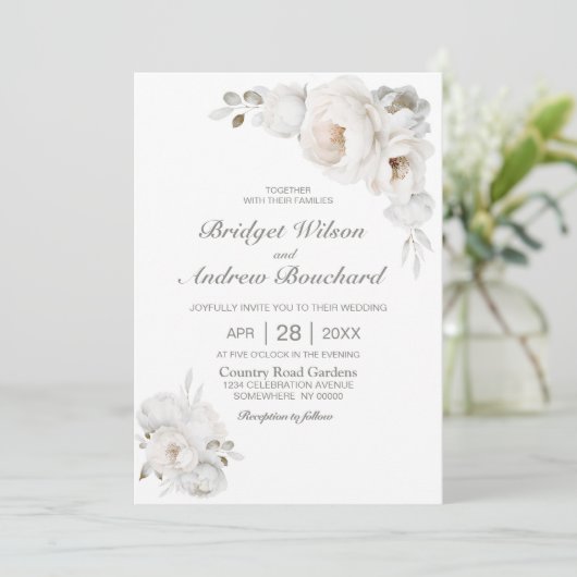 White Winter Floral Wedding Einladung (Stehend Vorderseite)