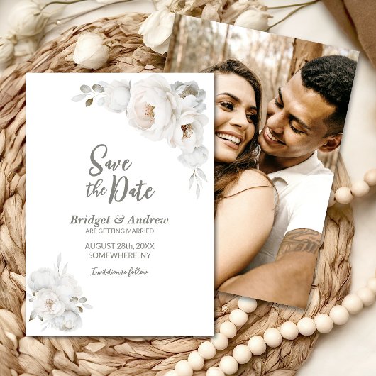 White Winter Floral Wedding Save The Date