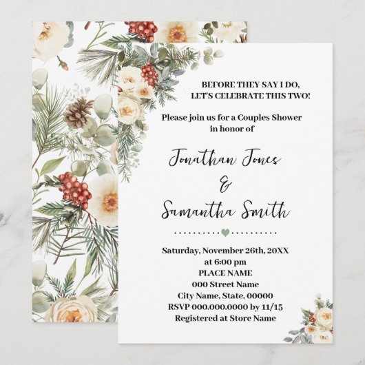 White Winter Flowers Couples Wedding Shower Einladung (Vorne/Hinten)