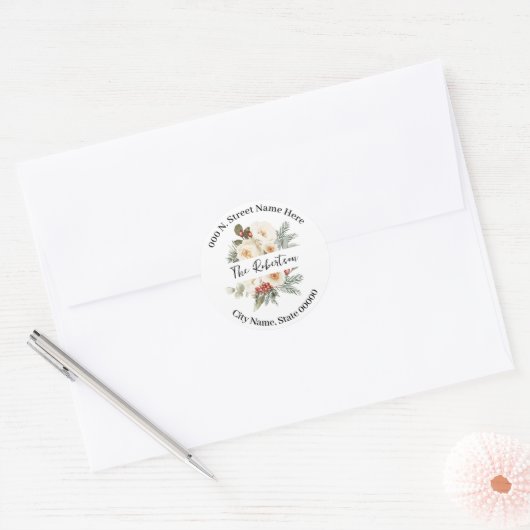 White Winter Flowers Return Address Runder Aufkleber (Umschlag)