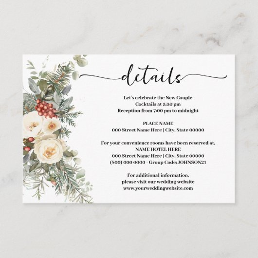 White Winter Flowers Wedding Details Insert Card (Vorderseite)