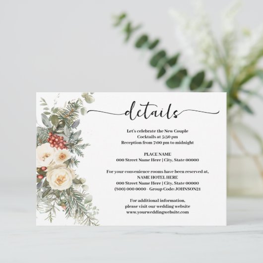 White Winter Flowers Wedding Details Insert Card (Stehend Vorderseite)