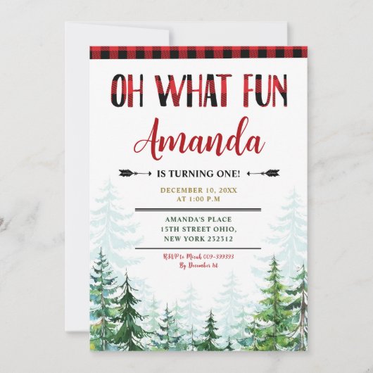 White Winter Lumberjack Oh, was Spaß ersten Geburt Einladung (Vorderseite)