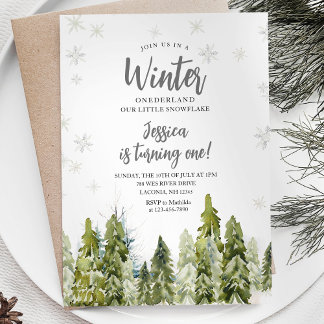 White Winter Onederland Geburtstag Wald Wald Einladung